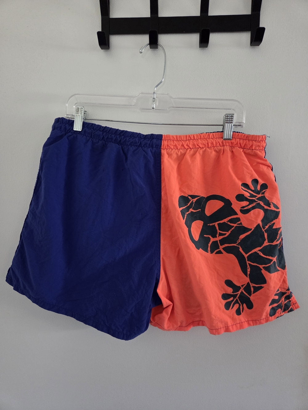 Men's Split-Panel Swim Trunks in Blue and Coral with Gecko Graphic